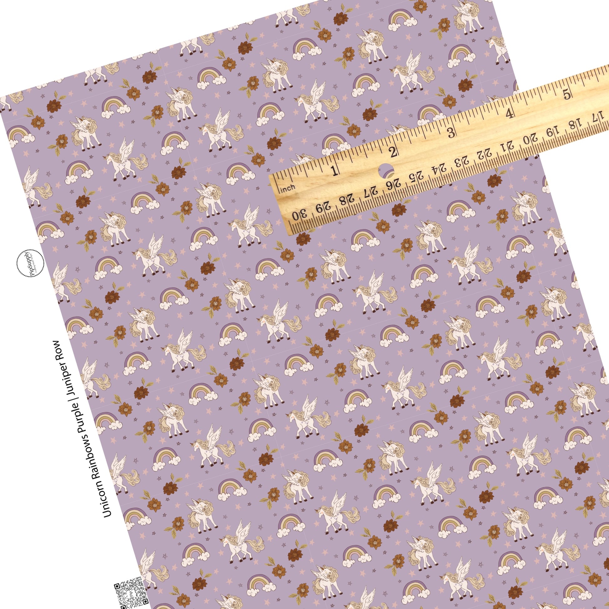 Brown flowers with purple rainbows and white unicorns on purple faux leather sheet