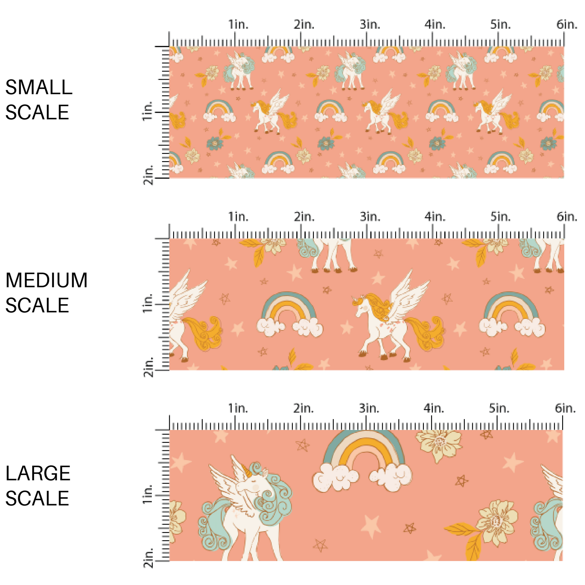 unicorns, rainbows, stars, and flowers on coral fabric by the yard scaled image guide