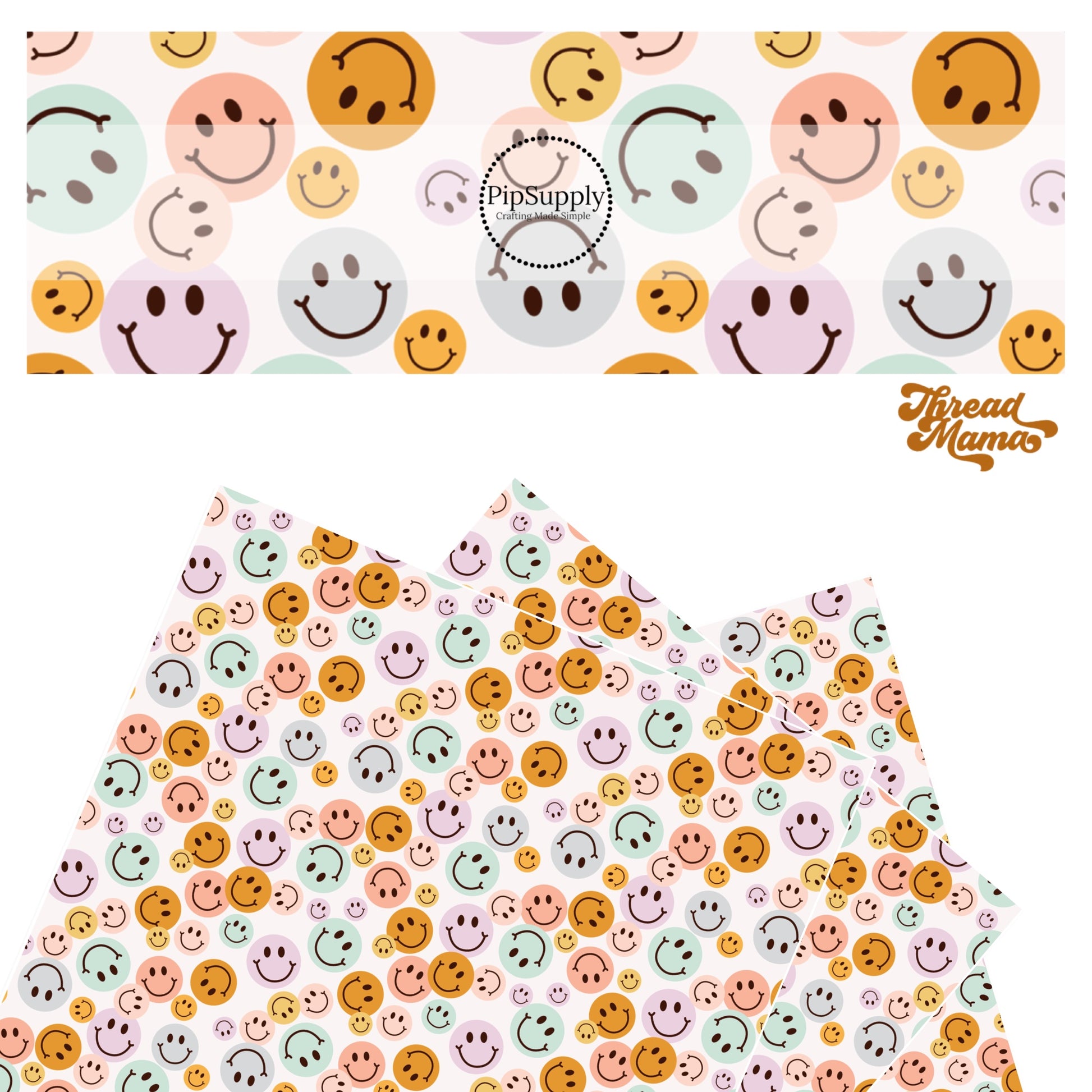 Rust, orange, blue, pink, and purple smiley faces on a cream faux leather sheet