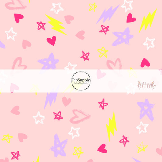 Pink Image with hearts, stars, and lighting bolt designs Fabric by the Yard 