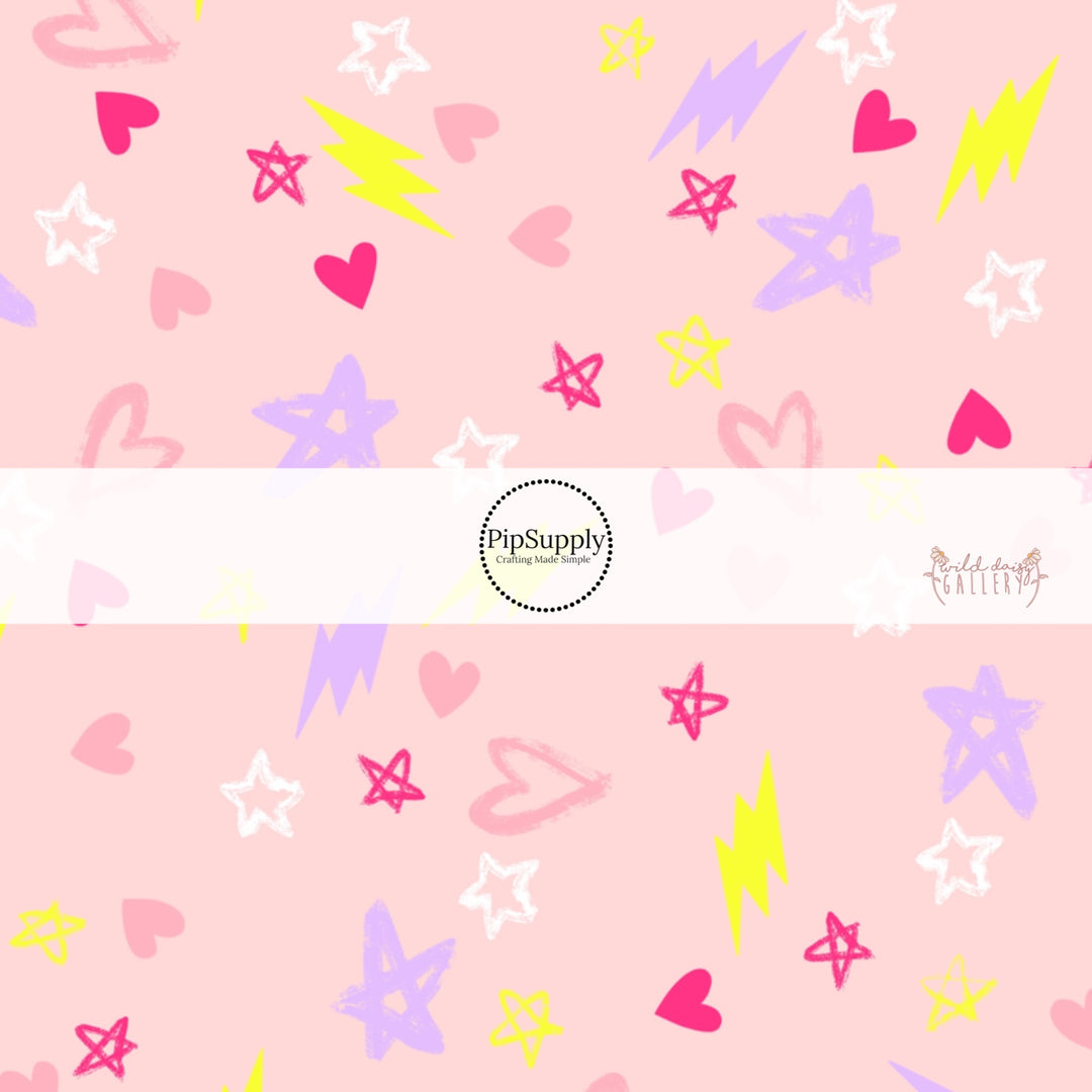 Pink Image with hearts, stars, and lighting bolt designs Fabric by the Yard 