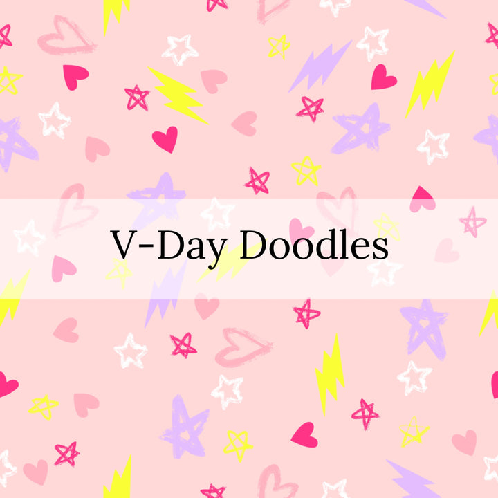 Pink Image with hearts, stars, and lighting bolt designs and the words 'V-Day Doodles" Fabric Pattern 