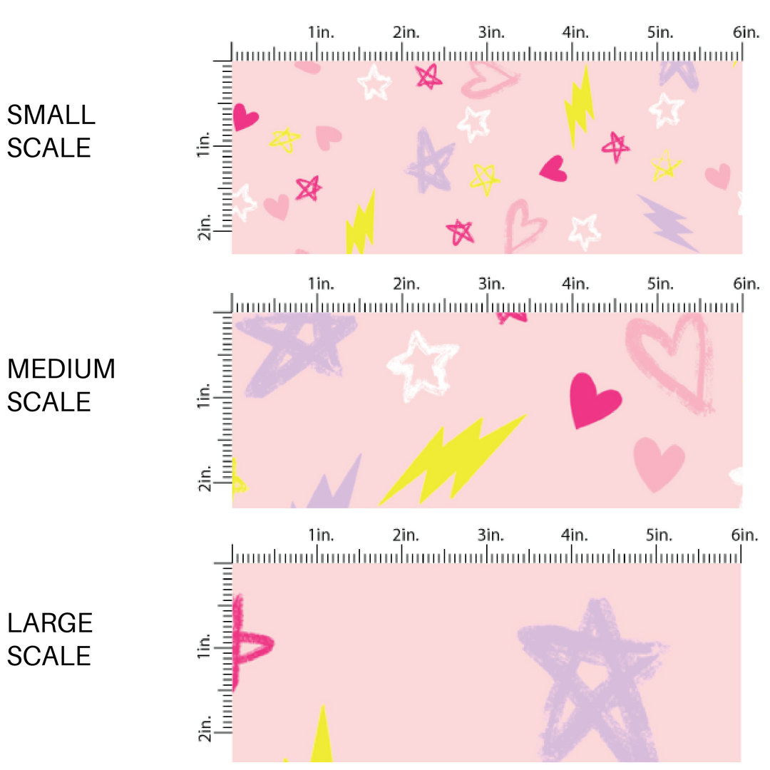 Pink Image with hearts, stars, and lighting bolt designs Fabric Scaling Sizes 