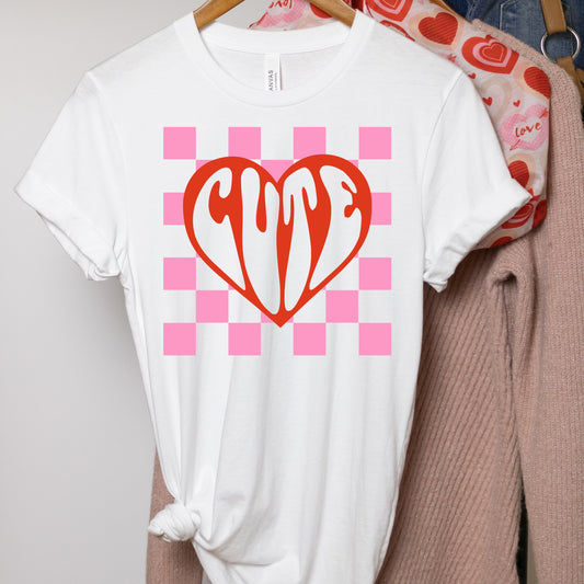 Valentine Iron-On heart transfer with the word "Cute" and a pink checkered background
