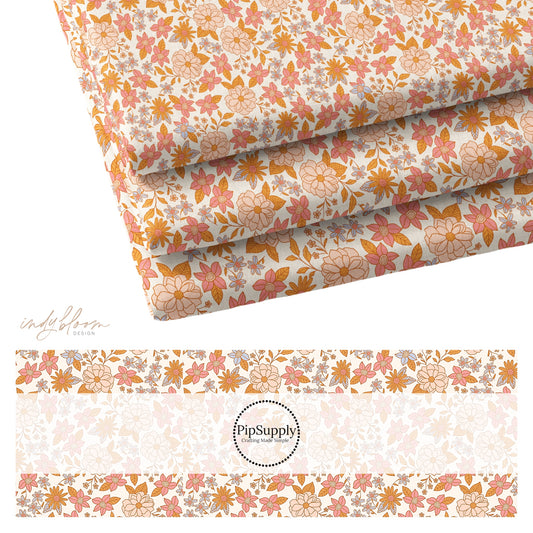Cream fabric with pink, orange, Pale blue, and mustard Flowers 