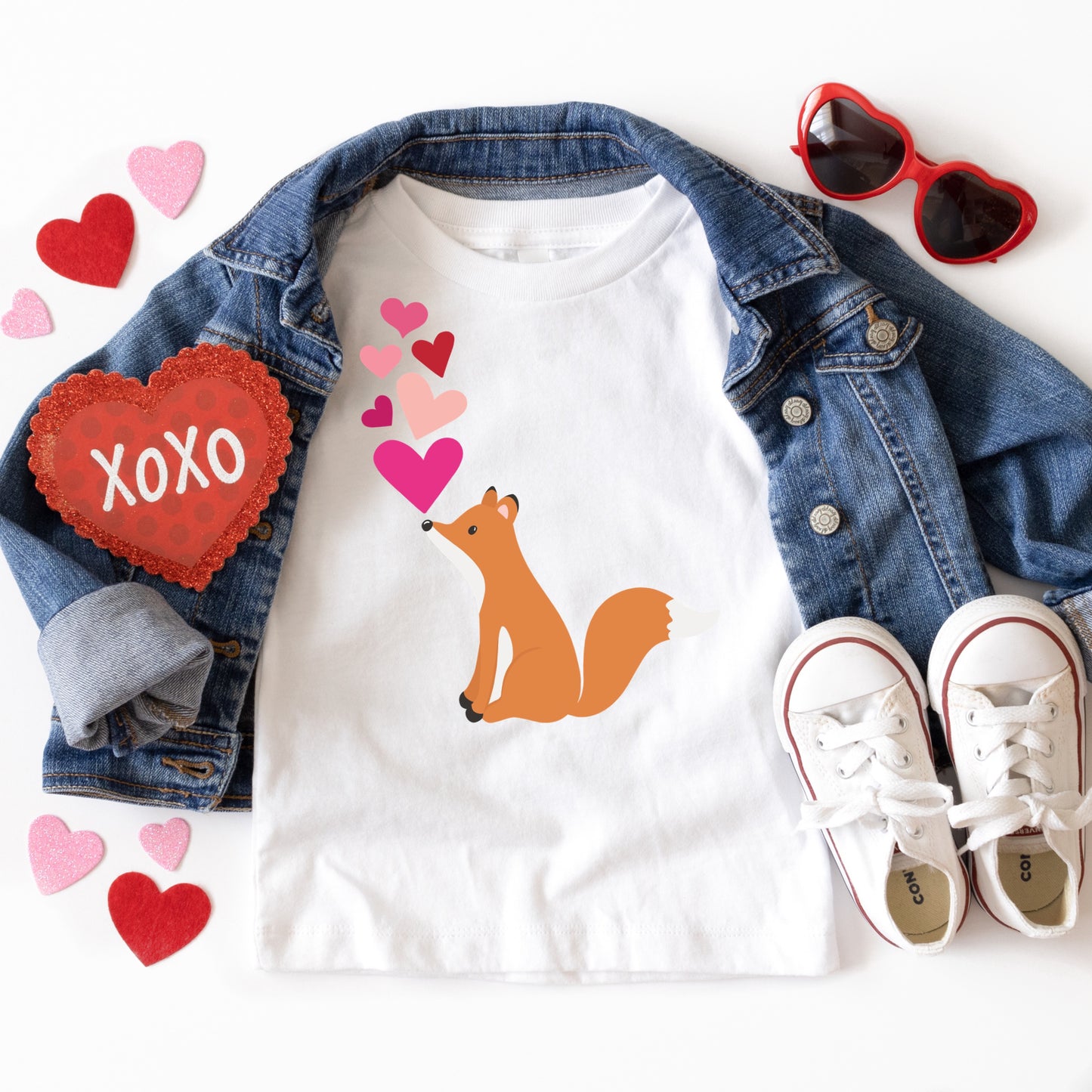 Valentine's Day Heat Transfer - Fox with Red and Pink Floating Hearts - DTF Transfer - Sublimation Transfer