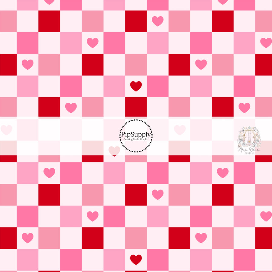 Pink and red checkered print with red and pink hearts fabric by the yard