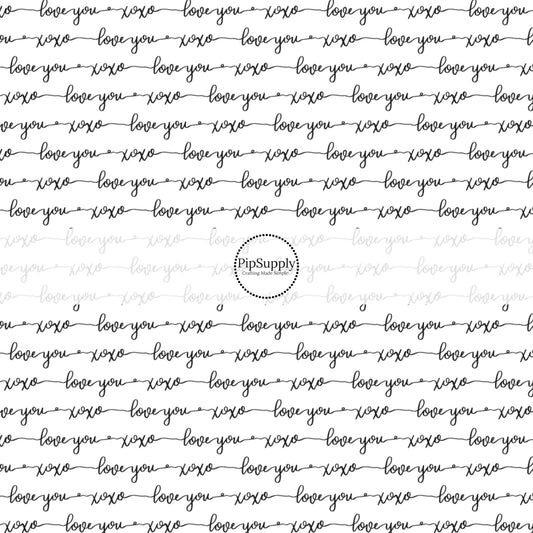 White image with black cursive font spelling out love you and xoxo - Fabric by the Yard white and black pattern
