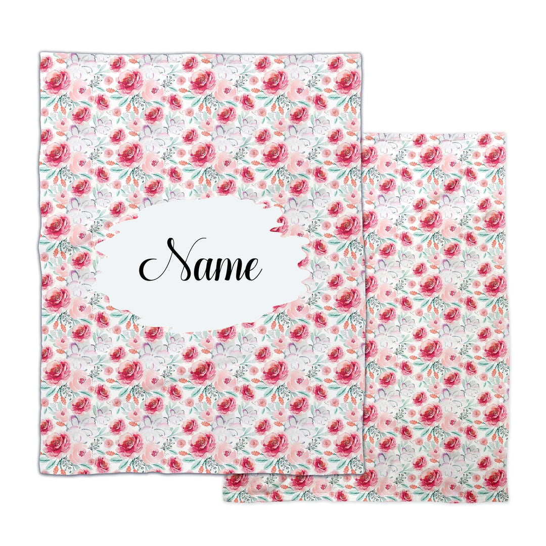 Personalized Pink Floral Watercolor Minky Blanket - Indy Bloom design valentines day blanket with customizable text option.