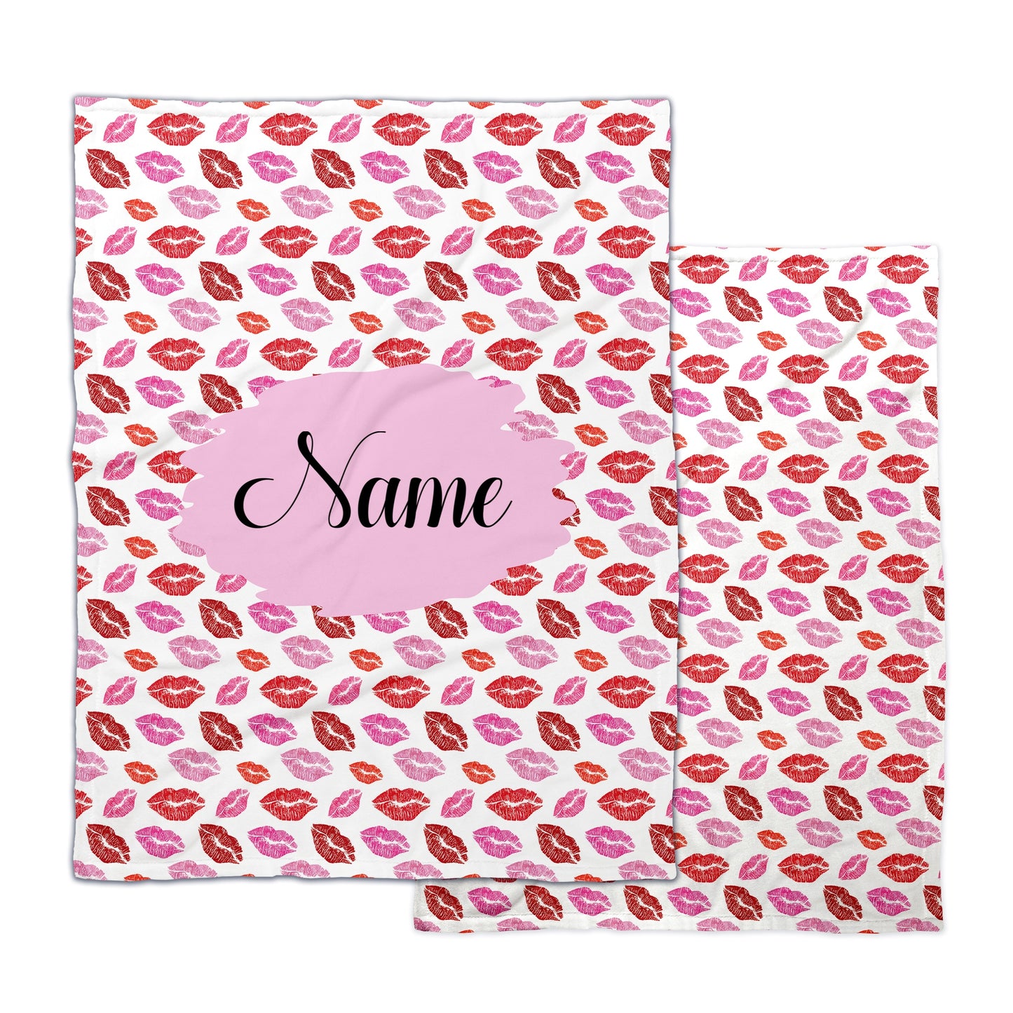 Red and pink lipstick kisses patterned blanket with customizable print. Personalized Valentine's Day Minky Blanket 