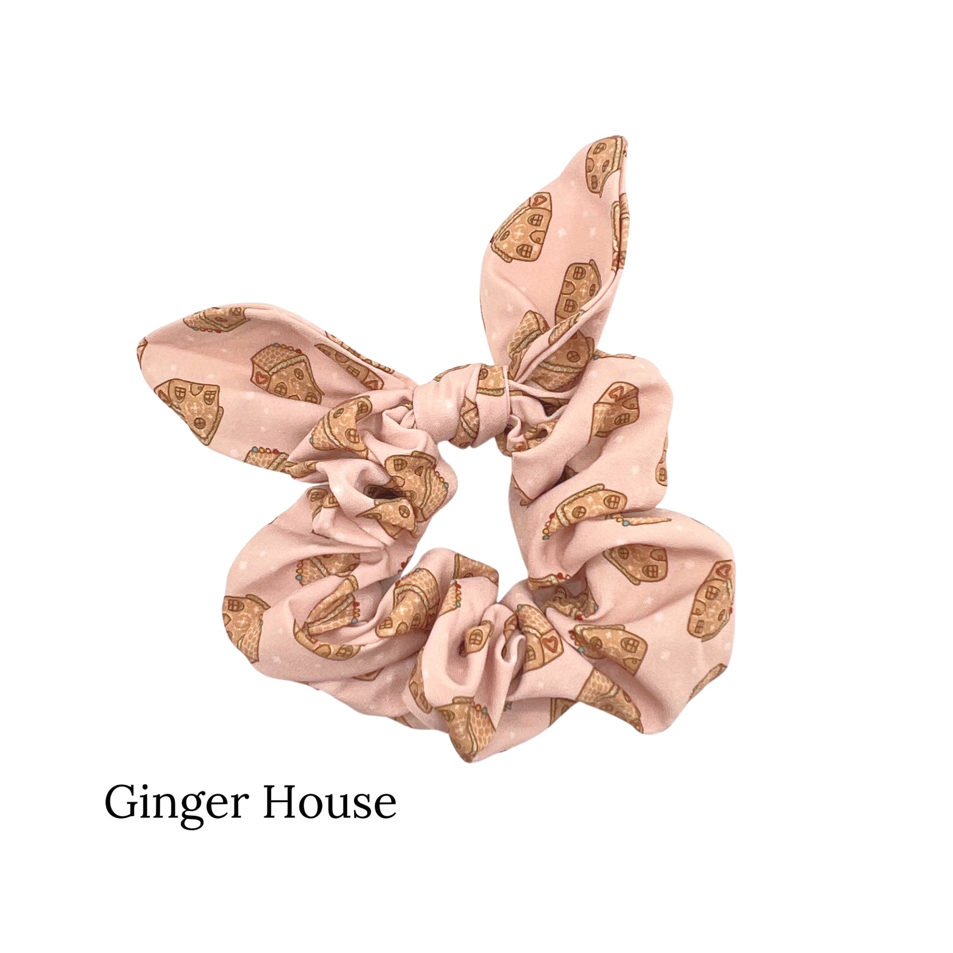 Cream colored scrunchie bow with gingerbread house