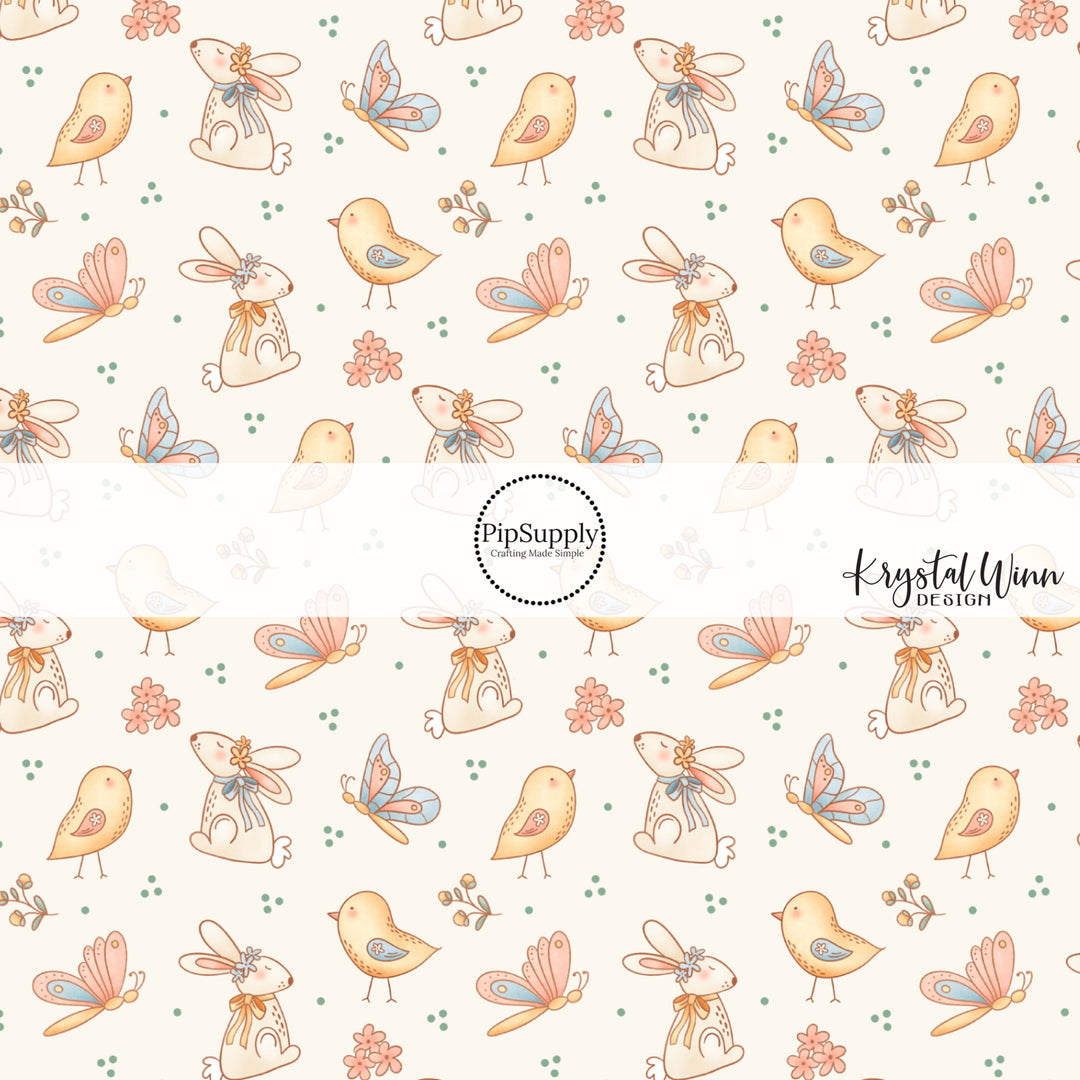 Cream fabric by the yard with butterflies, baby chicks , and butterflies 