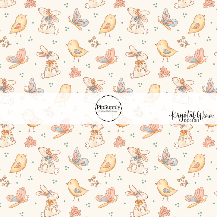 Cream fabric by the yard with butterflies, baby chicks , and butterflies 