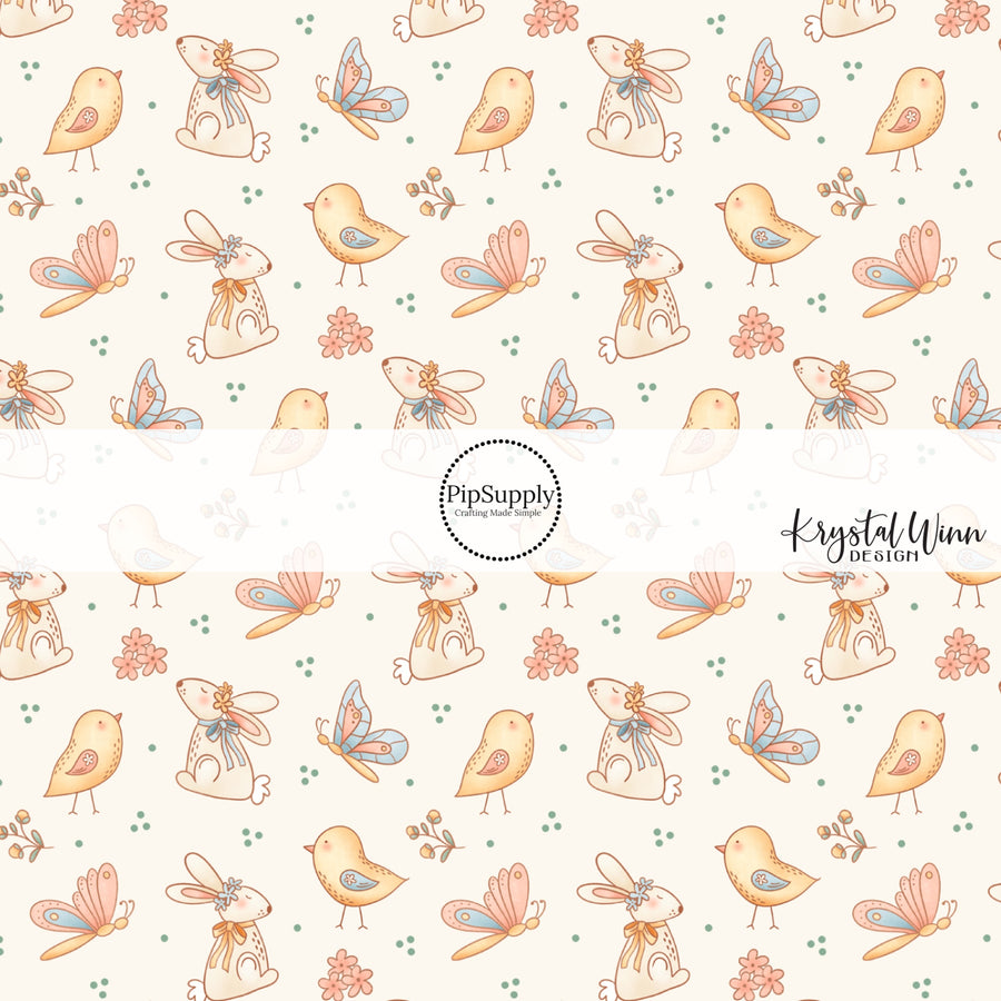 Cream fabric by the yard with butterflies, baby chicks , and butterflies 