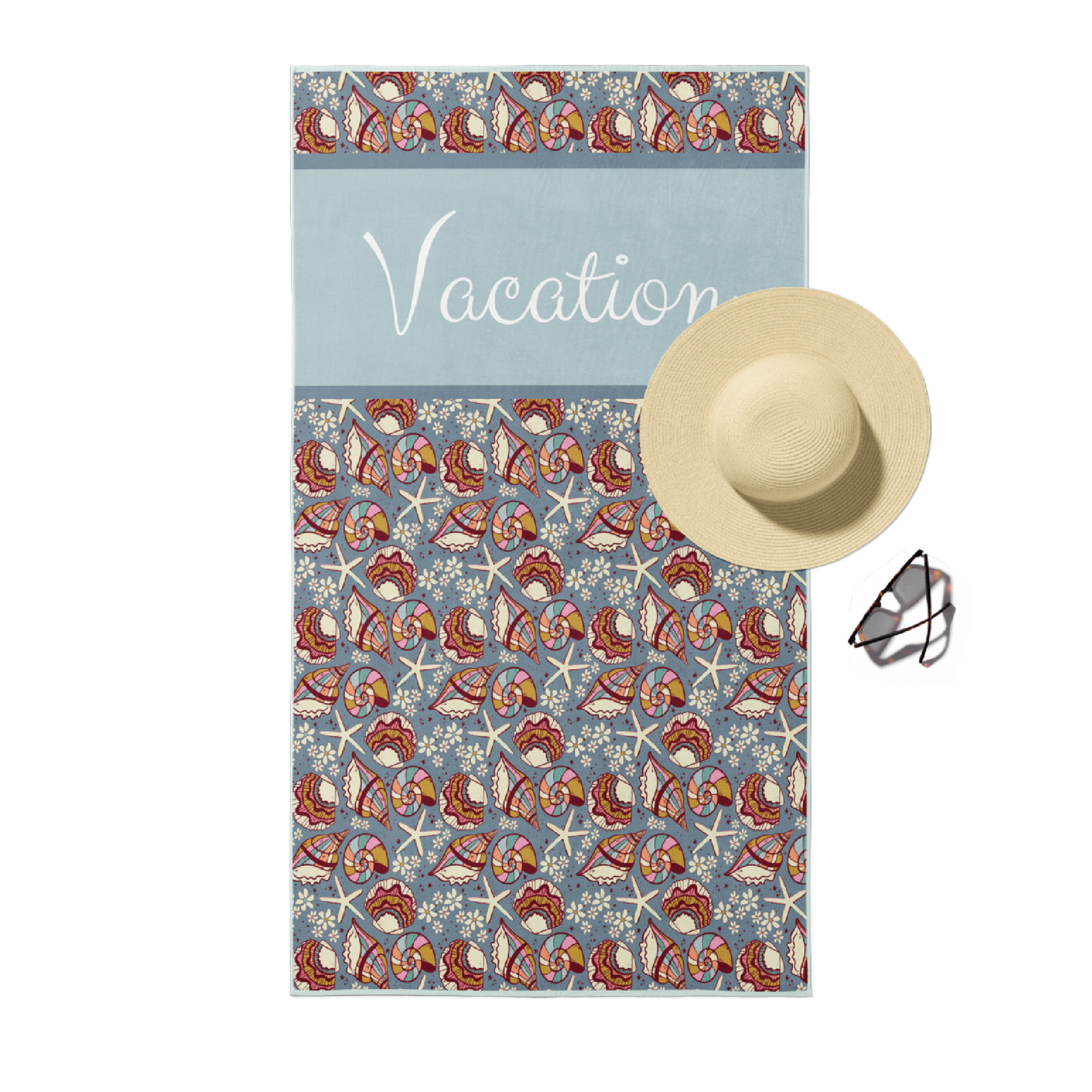 Beach towel in vintage sea shell and daisy floral pattern with customizable text.