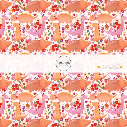 Pink and orange dinos with red and pink flowers on a white bow strip
