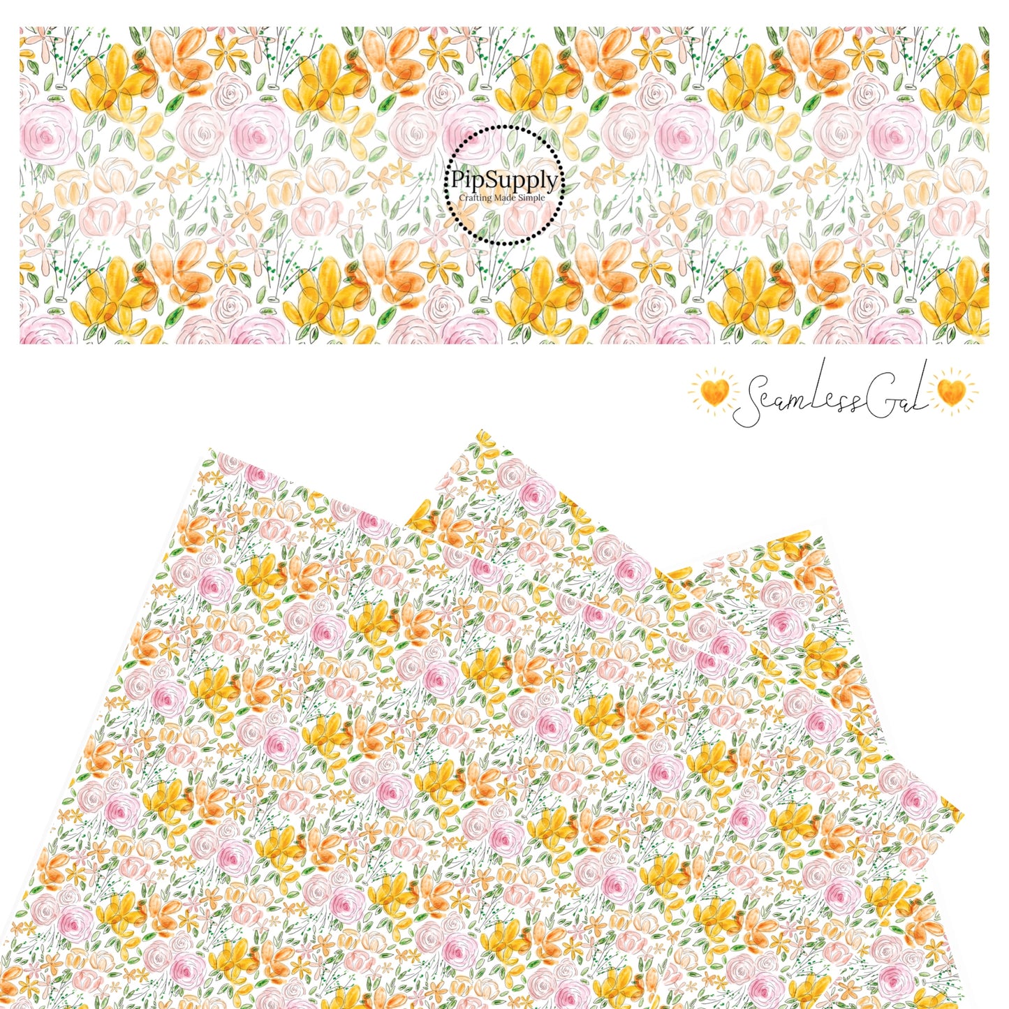 Orange, pink watercolor flowers with greenery faux leather sheet.