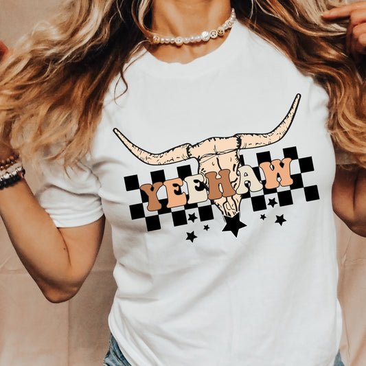 Black and White Checker print and cream longhorn silhouette iron on heat transfer.