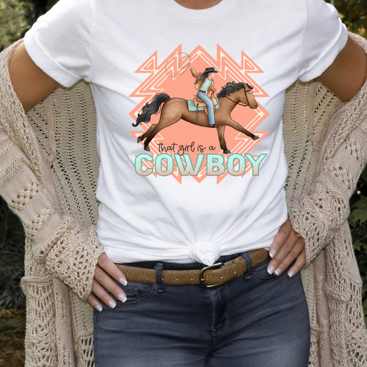 Aztec print "That Girl is a Cowboy" Western iron on heat transfer