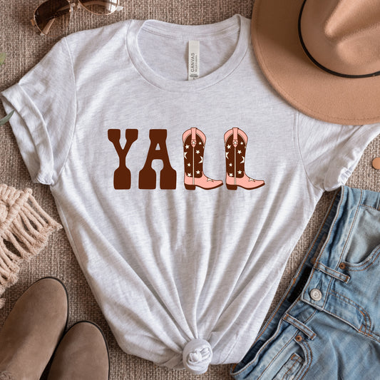 Brown "Y'all" cowgirl boots iron on heat transfer .