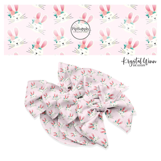 White bunnies with pink ears and floral crown and heart nose on light pink bow strips