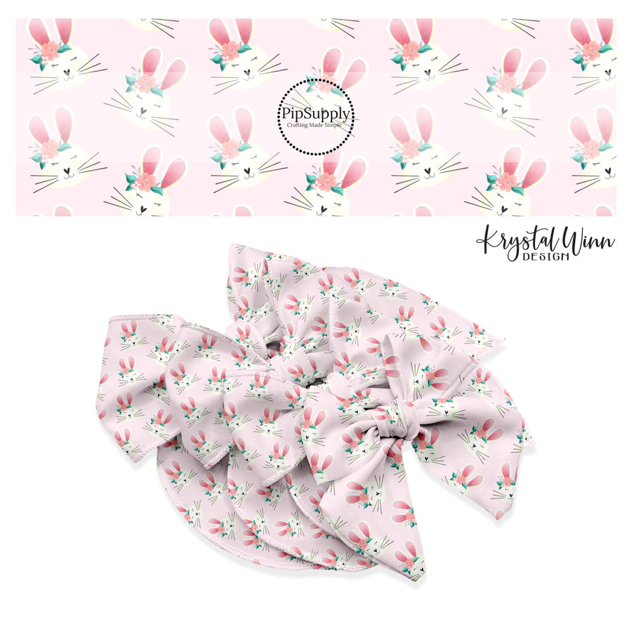 White bunnies with pink ears and floral crown and heart nose on light pink bow strips