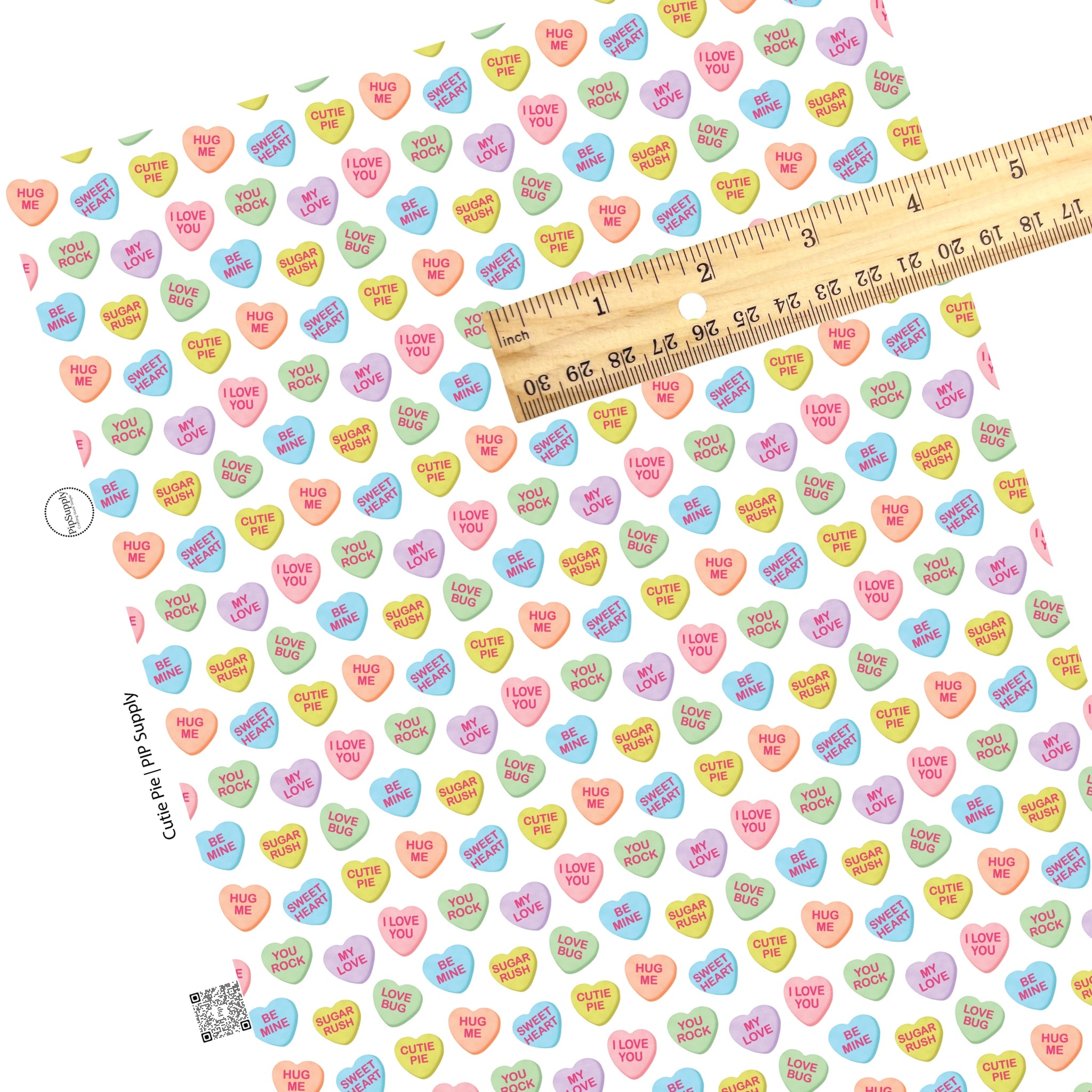 Valentine Sayings on Multi Candy Hearts Faux Leather Sheet and Roll -  Conversation Hearts on White Faux Leather Sheet – Pip Supply