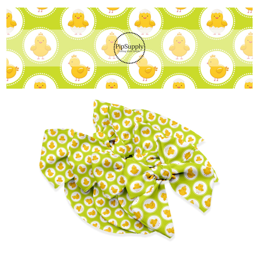 Yellow chicks in white circles with white polka dots on green bow strips