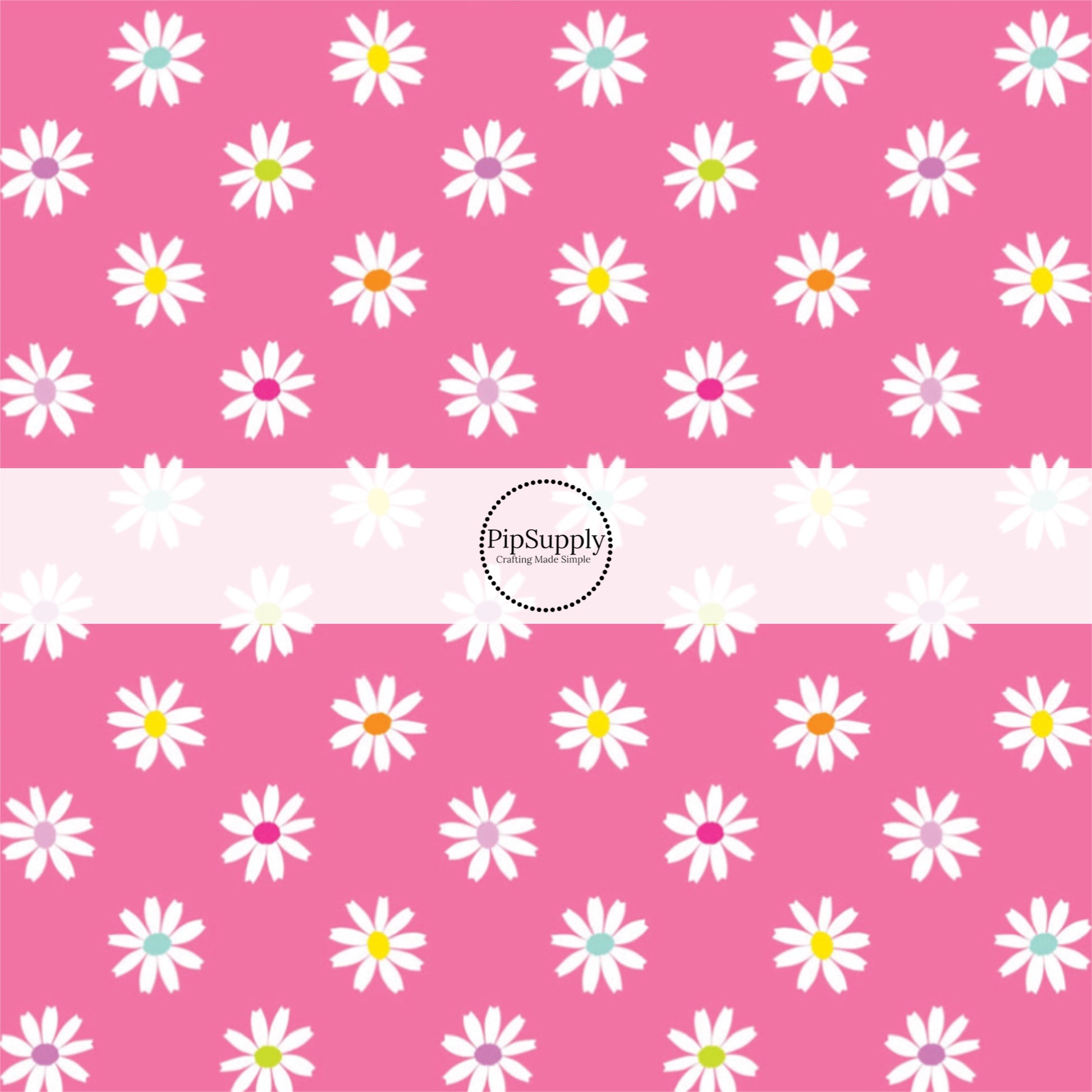 Colorful white daisies on pink bow strips