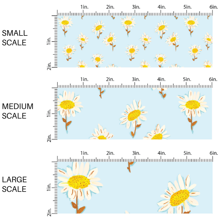 Scattered painted white daisies on blue fabric by the yard scaled image guide