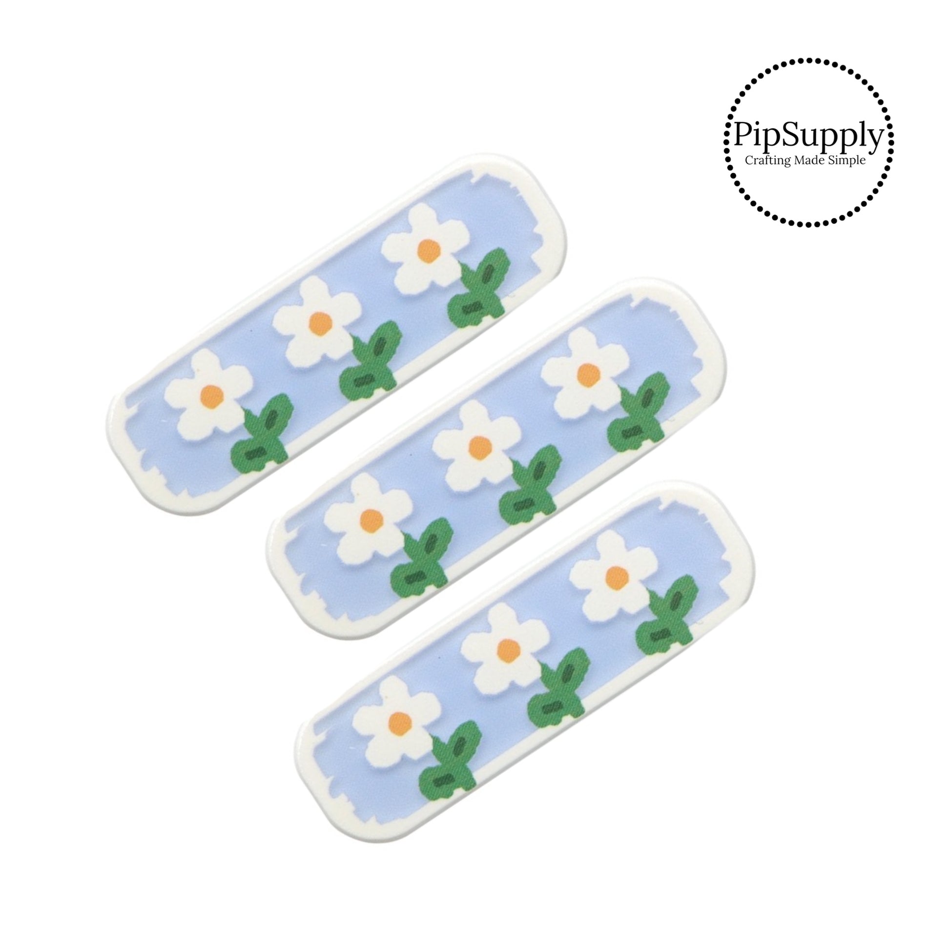 White flowers with green leaves on blue clip cover