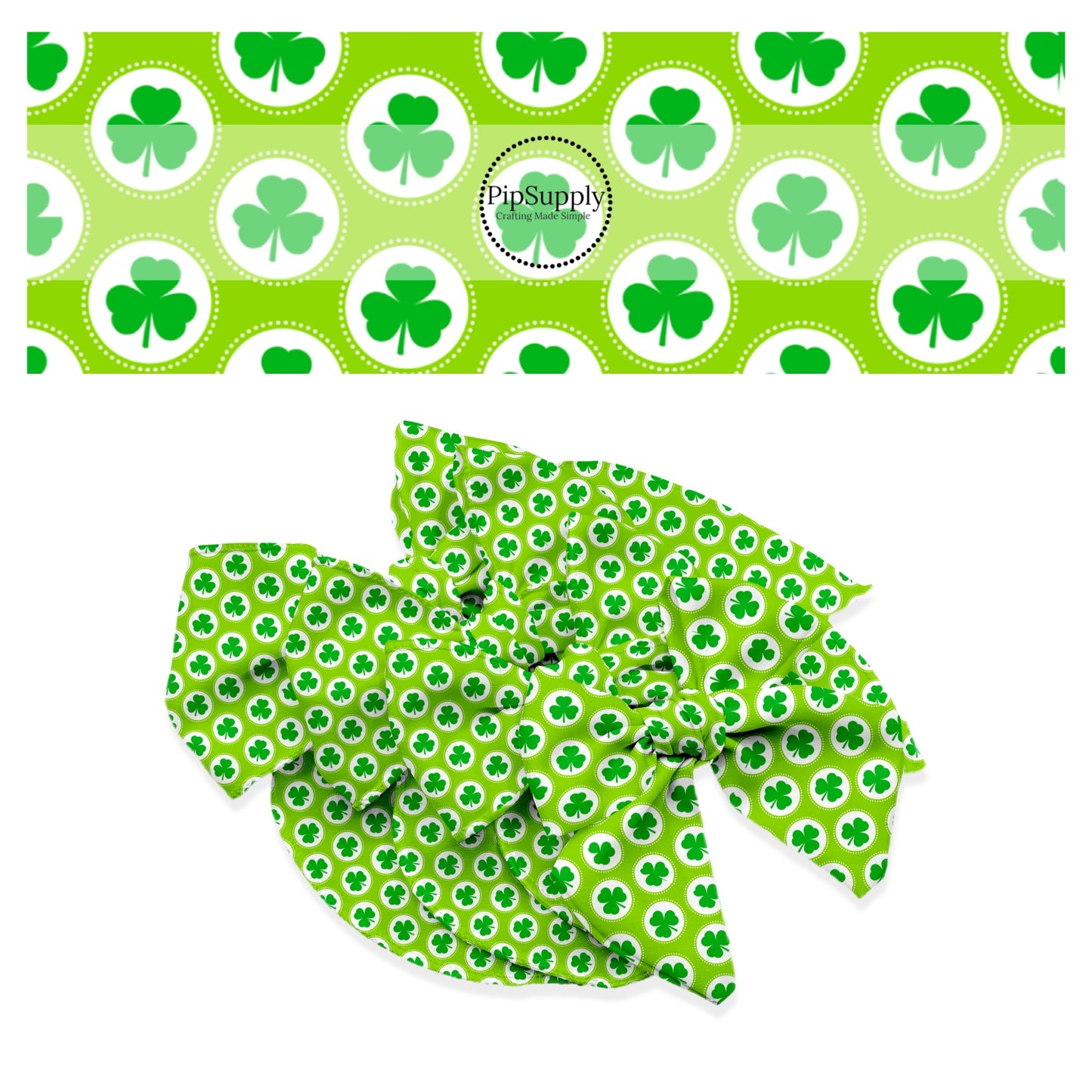 Green clovers in a white circle with white polka dots on bright green bow strips