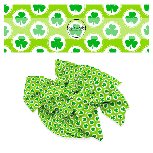 Green clovers in a white circle with white polka dots on bright green bow strips