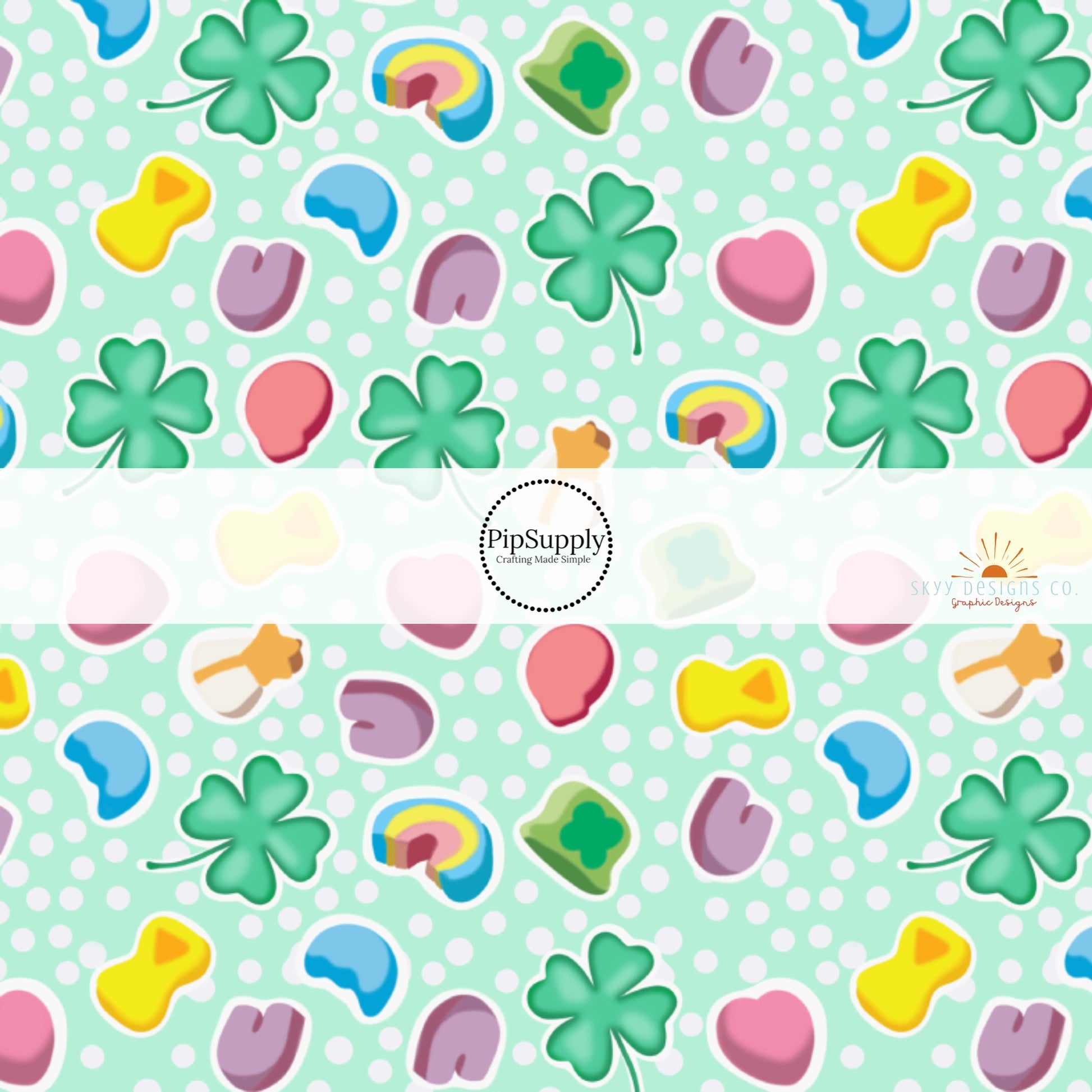 Green clovers, pink hearts, rainbows, and shooting star marshmallow charms on a polka dot green bow strip