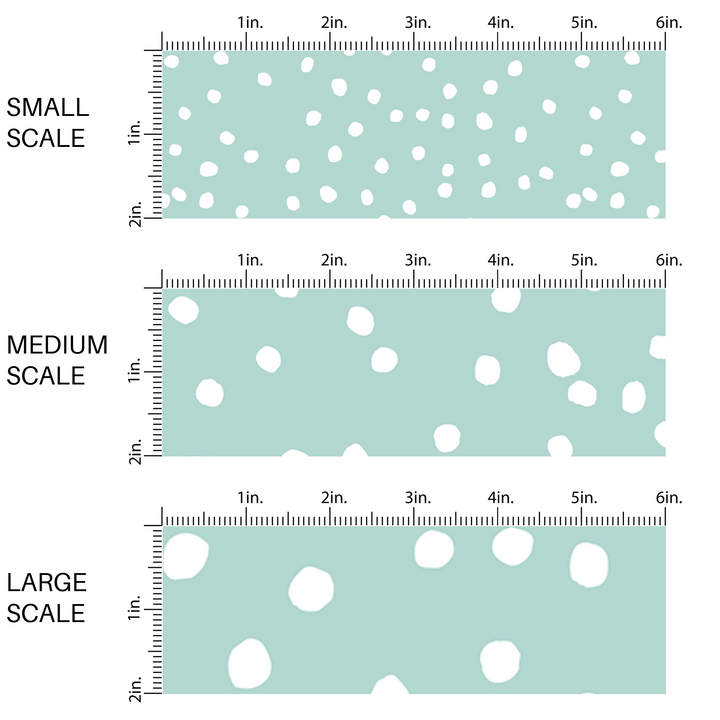 Mint green fabric by the yard scaled image guide with scattered small white polka dots.