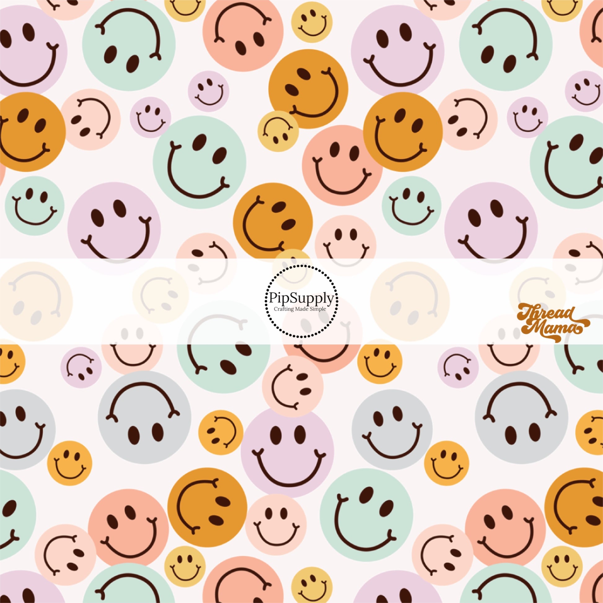 White fabric by the yard with orange, pink, blue, purple, and aqua smiley faces