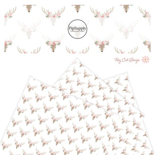 White faux leather sheet with pastel deer flowers and antlers