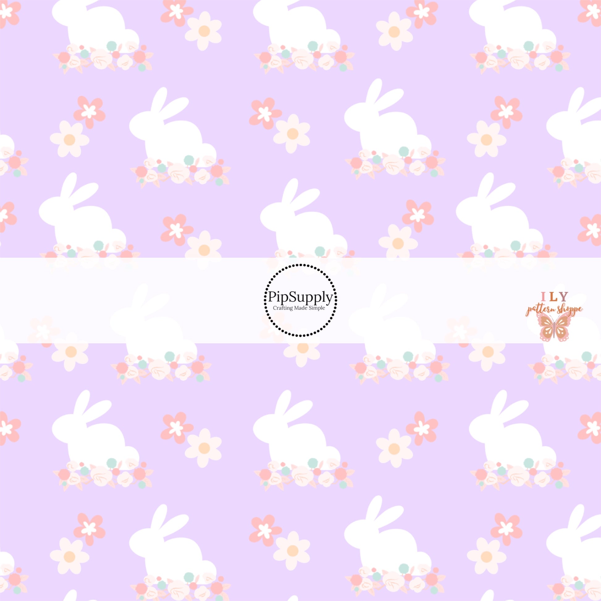 Cream, pink, and blue flowers with white bunnies on lavender bow strips