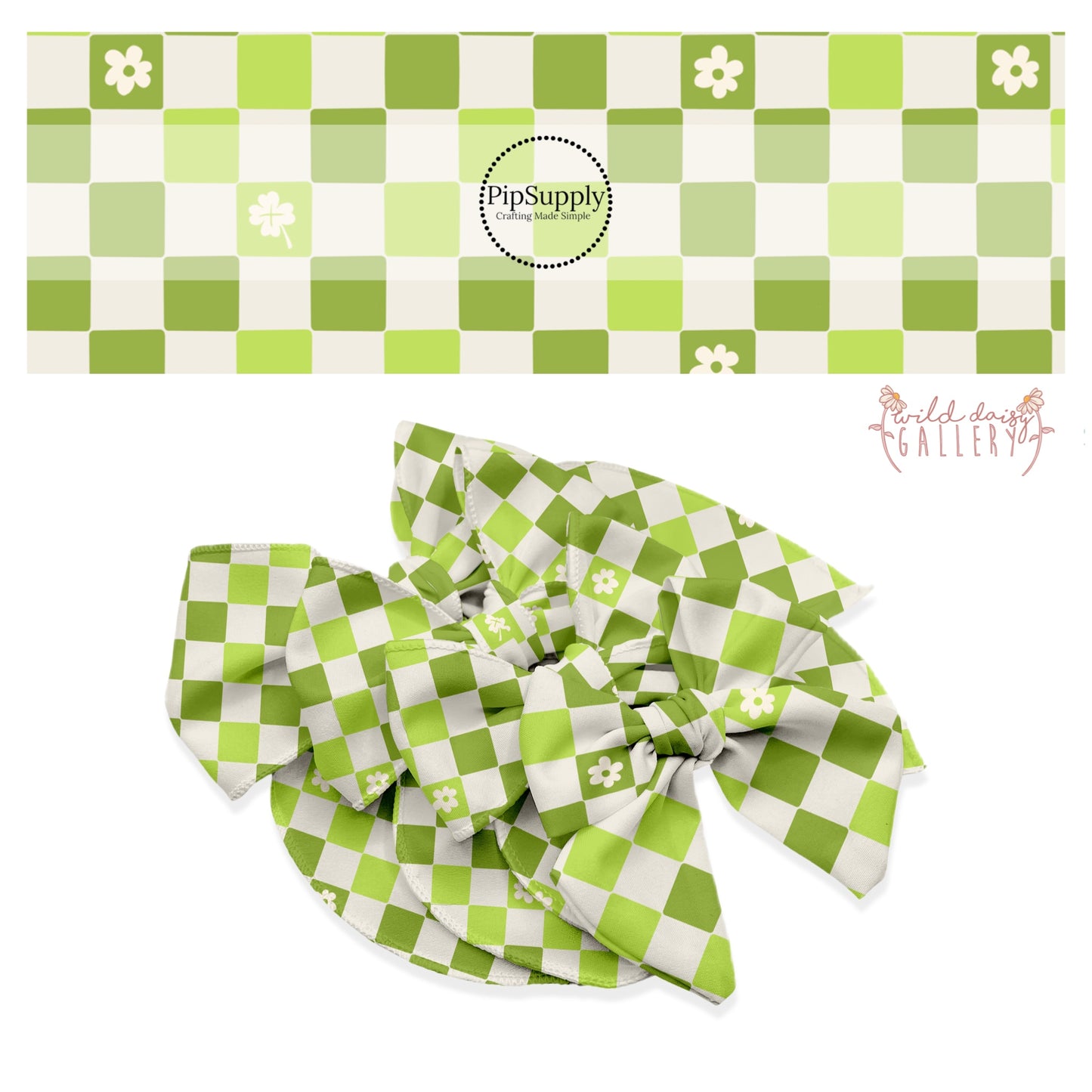 4 leaf clover and white daisy cutputs on green checker bow strips