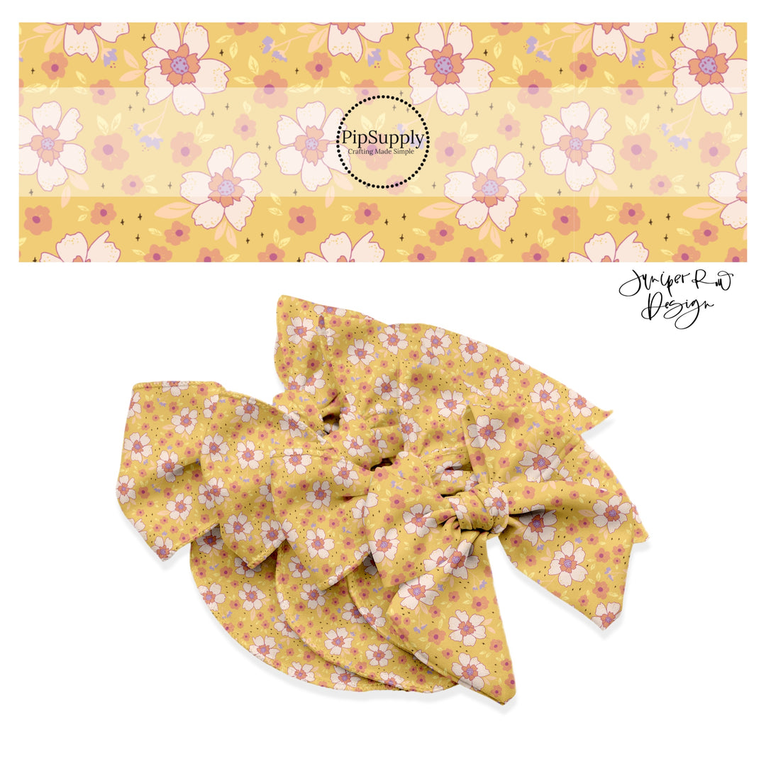 Light pink big flowers with tiny pink flowers on yellow bow strips