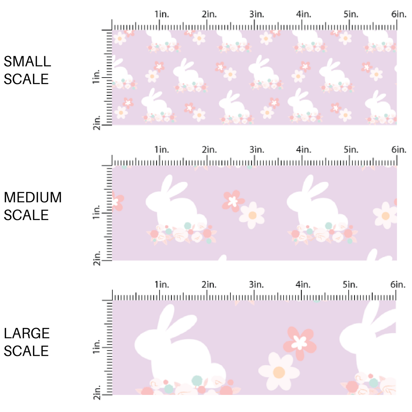 White Easter bunny print with floral designs on purple fabric by the yard scaled image guide