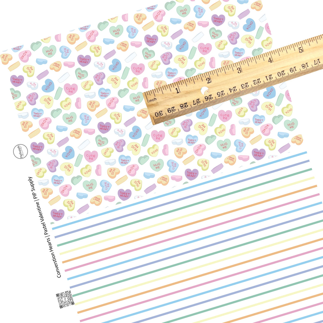 half and half sheet with Heart candy with sweet words and pastel rainbow stripes on white faux leather sheet