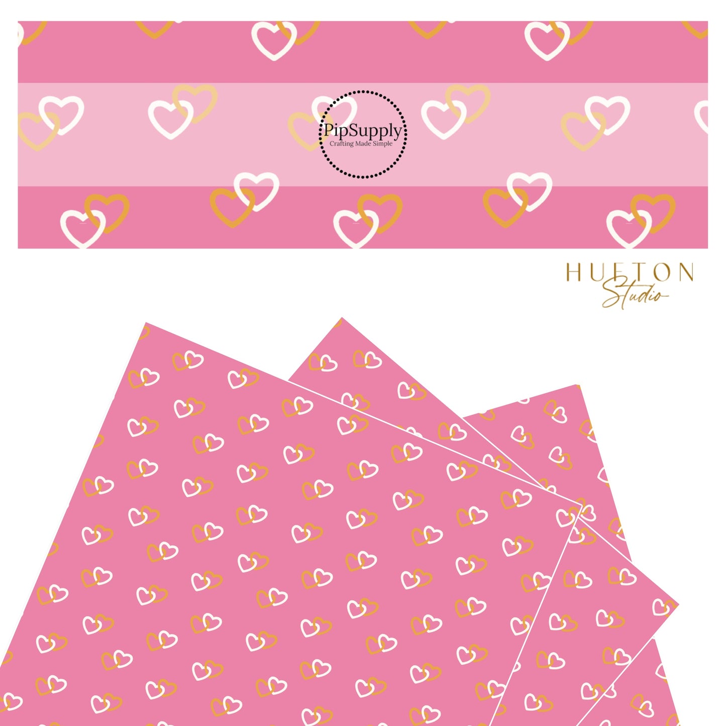 Golden orange hearts connected to white hearts on a pink faux leather sheet