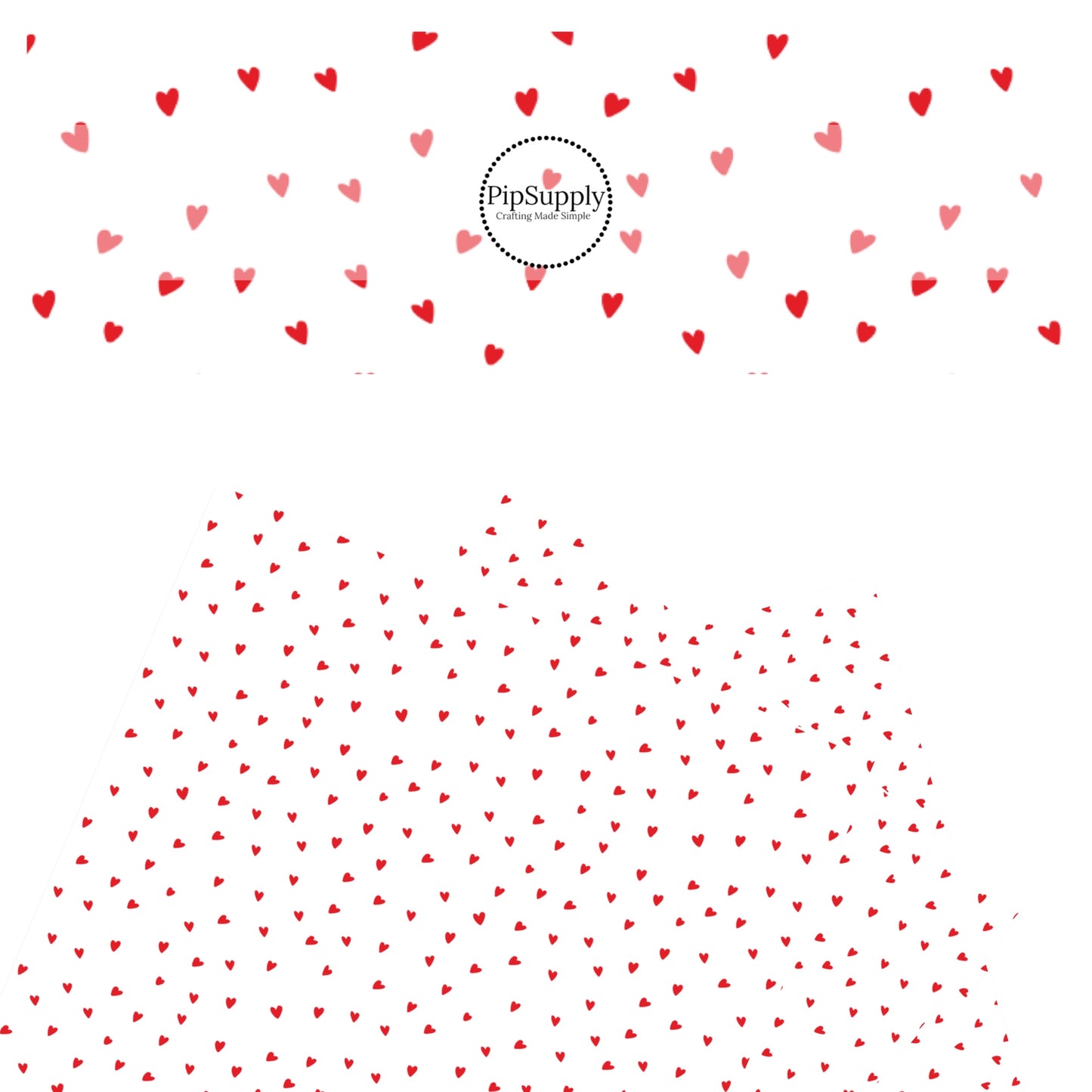 Scattered red hearts on a white faux leather sheet