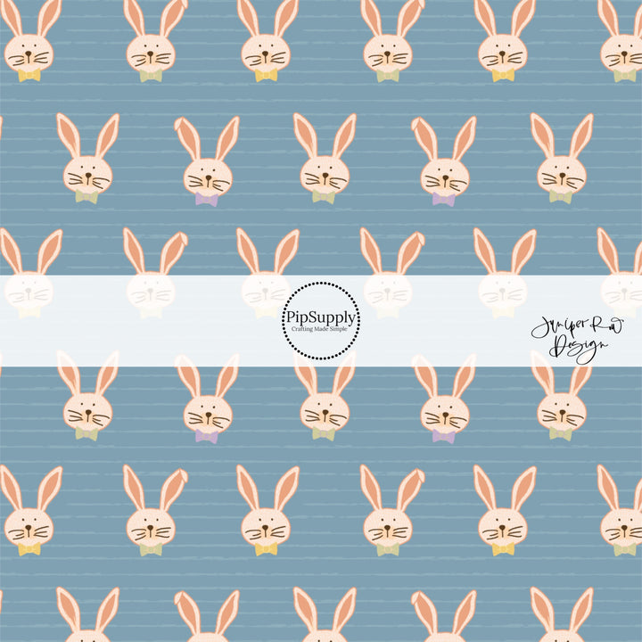 Blue fabric by the yard with cream bunnies wearing bows - Boy Easter Fabric 