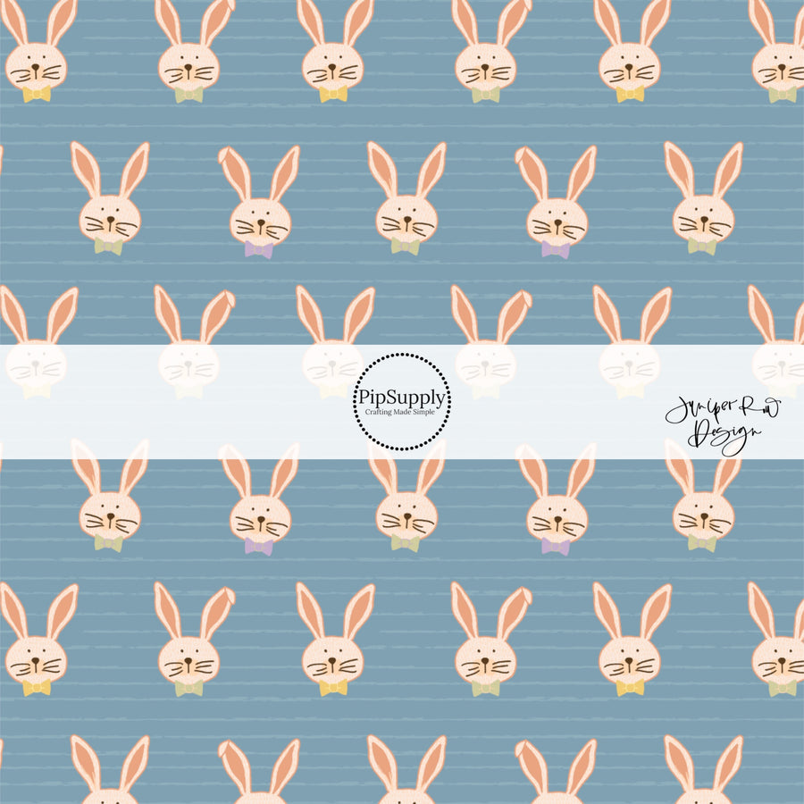 Blue fabric by the yard with cream bunnies wearing bows - Boy Easter Fabric 