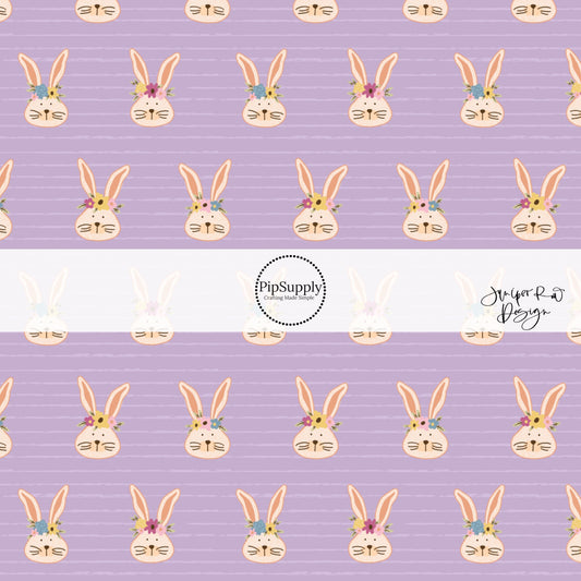 Purple fabric by the yard with cream colored bunnies wearing flower crowns - Easter Spring Fabric  
