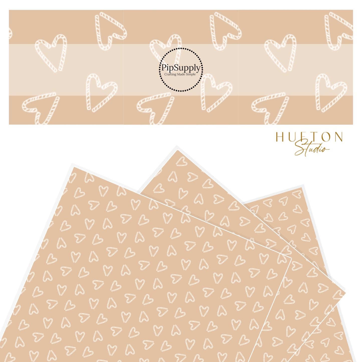 White outlined candy canes in a heart shape on a beige faux leather sheet