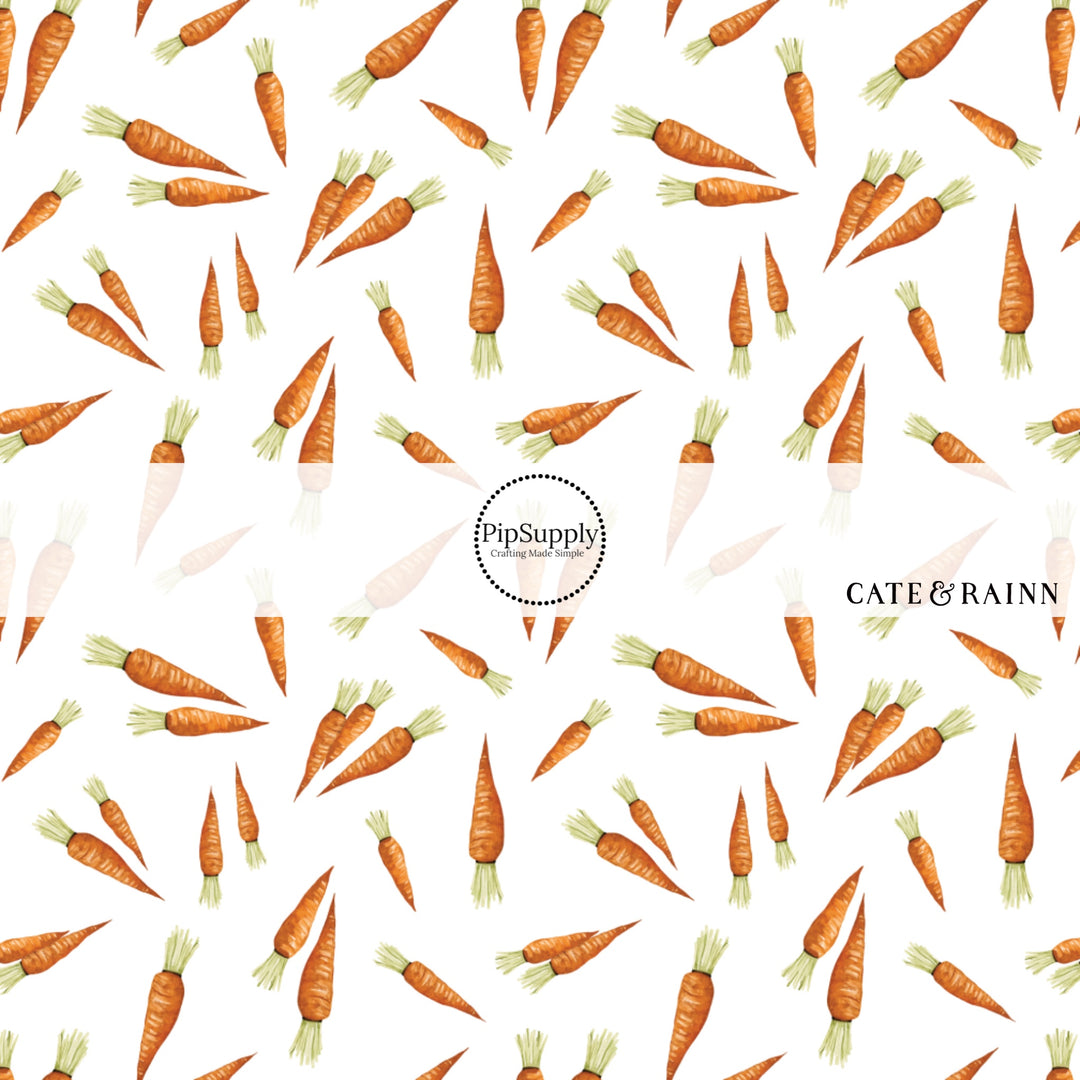 white fabric by the yard with scattered orange carrots and light green leaves - Easter Carrot Fabric 