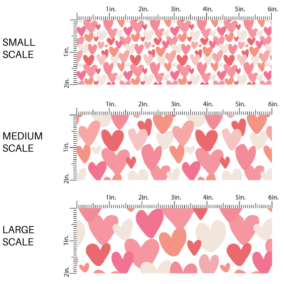 Hot pink, cream, light pink, coral hearts on white fabric by the yard scaled image guide -  Valentines Day Fabrics